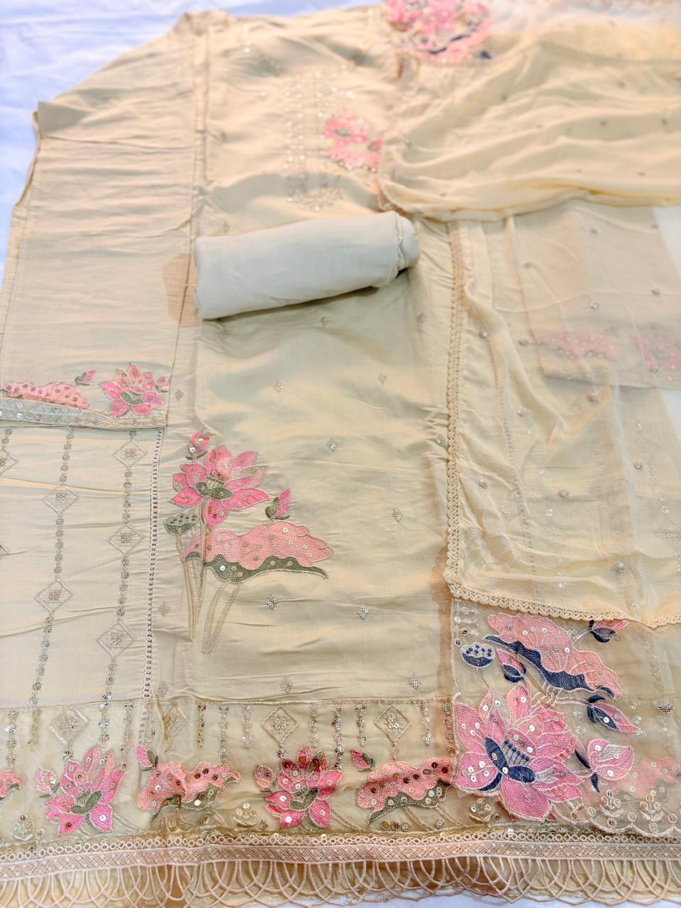 Unstitched Suit - Cotton Silk with Chiffon Dupatta, Thread & Sequence Embroidery