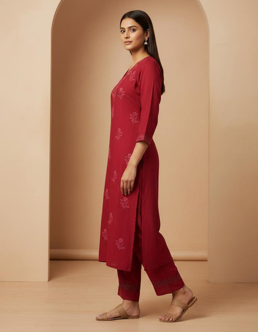 Chikankari Kurta Plazo Set | Crimson Red