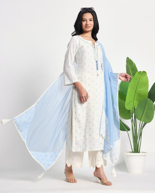 Cotton Jacquard Kurta Pant Dupatta Set – Hand Work, Cota Doria Dupatta