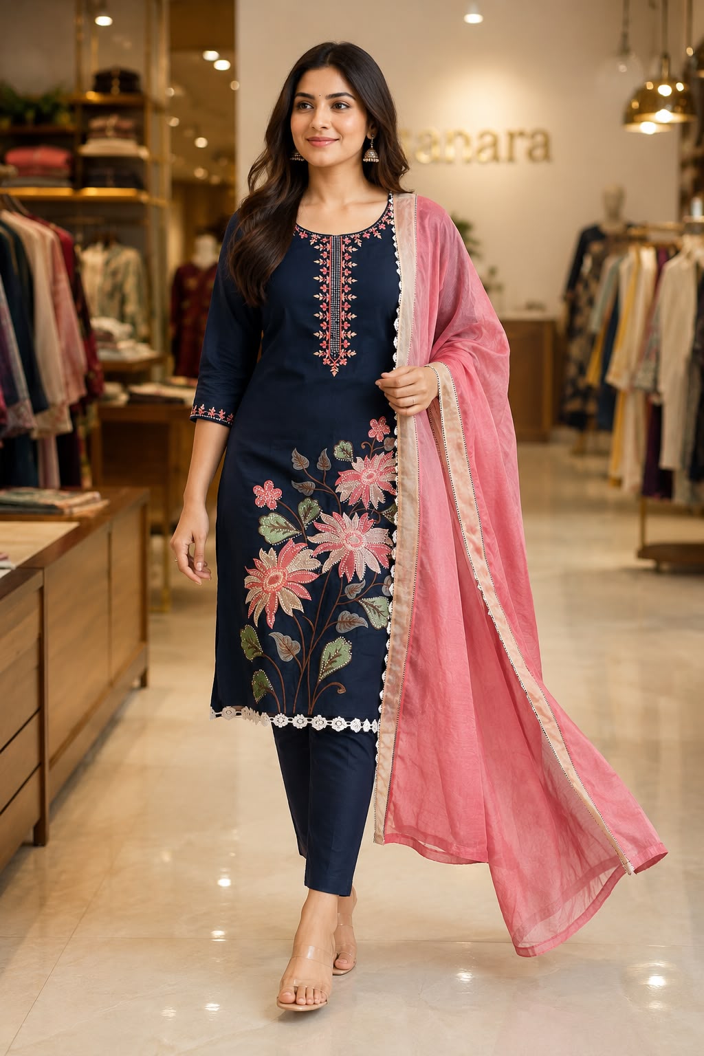 Nevi Blue Silk Cotton Unstitched Suit | Thread Work | Three Shade Mul Cotton Dupatta