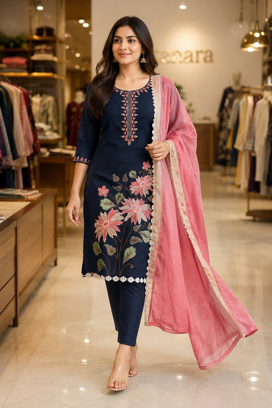 Nevi Blue Silk Cotton Unstitched Suit | Thread Work | Three Shade Mul Cotton Dupatta