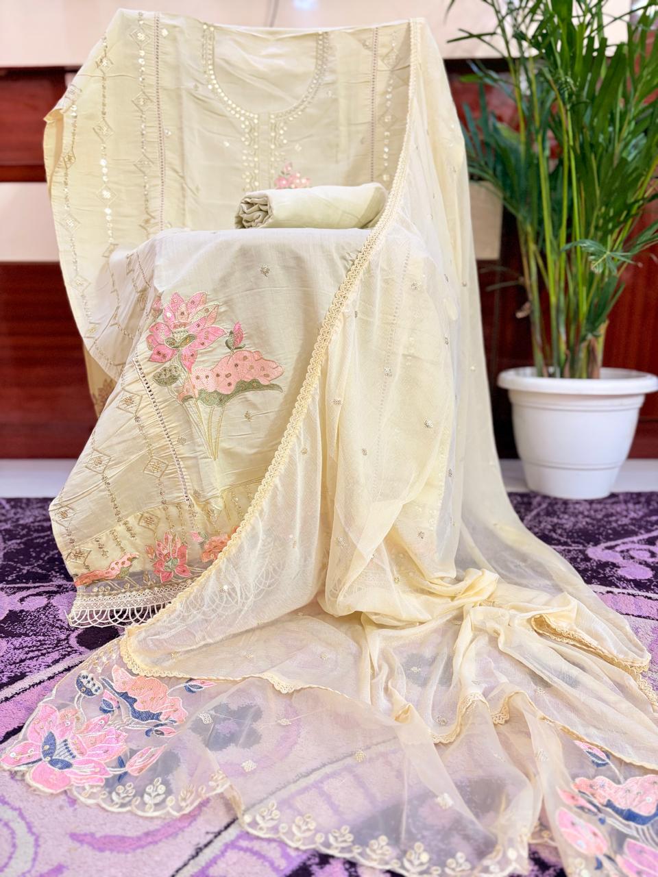 Unstitched Suit - Cotton Silk with Chiffon Dupatta, Thread & Sequence Embroidery