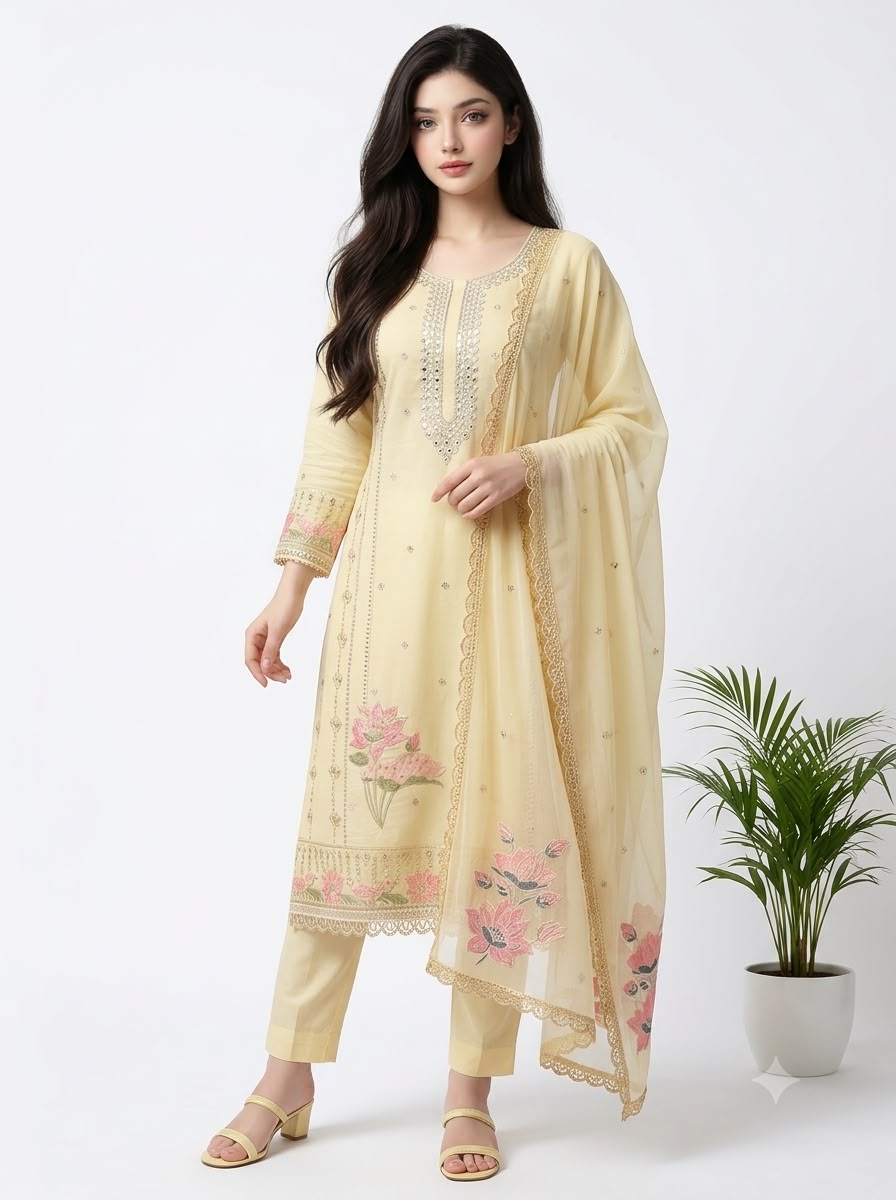 Unstitched Suit - Cotton Silk with Chiffon Dupatta, Thread & Sequence Embroidery