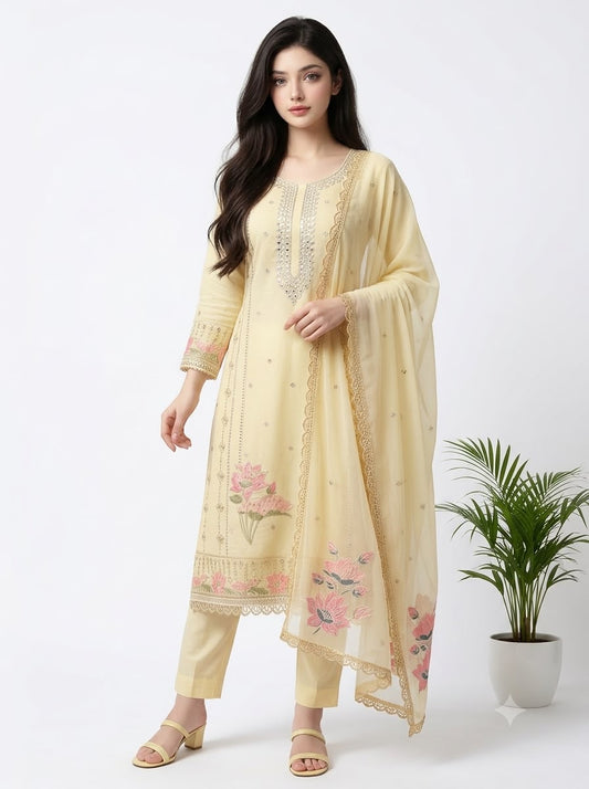 Unstitched Suit - Cotton Silk with Chiffon Dupatta, Thread & Sequence Embroidery