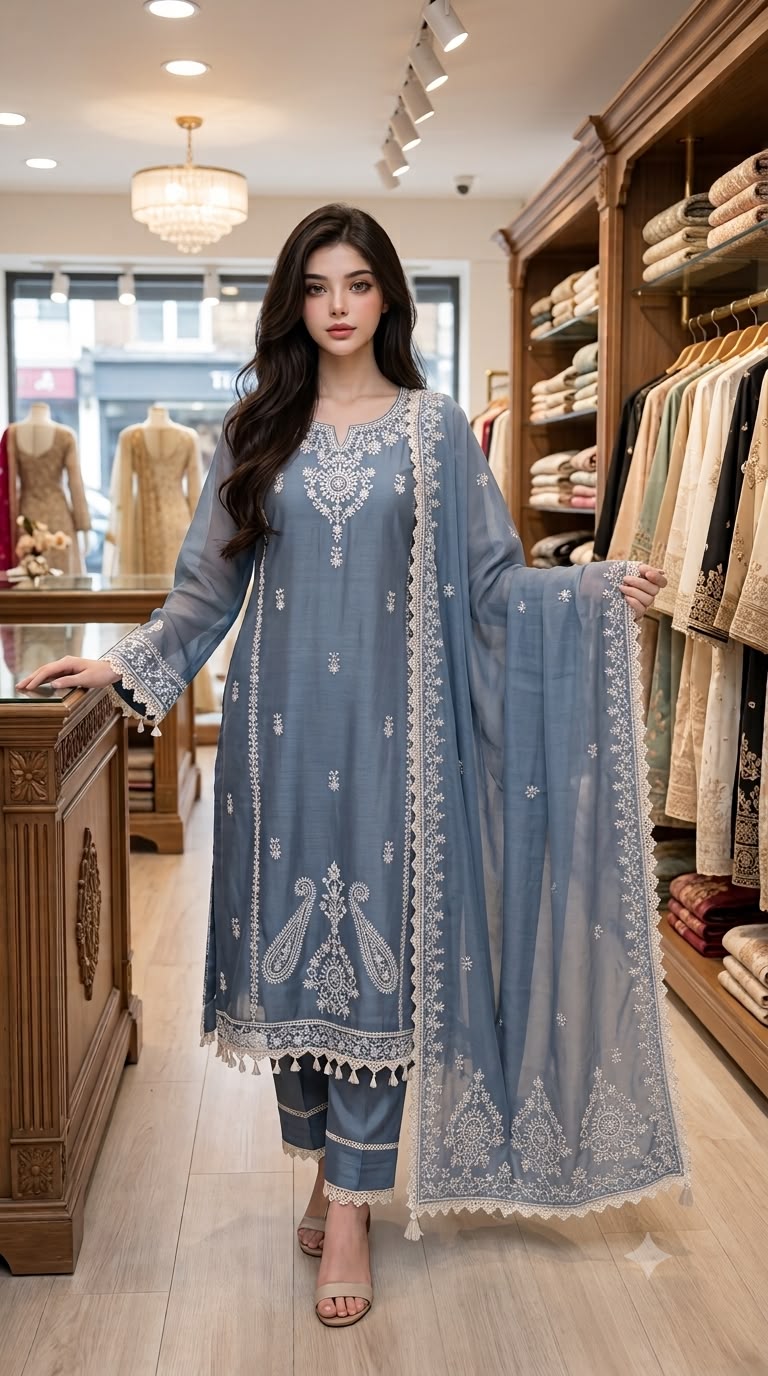 Sky Blue Maheshwari Silk 3 Piece Suit with Thread Work