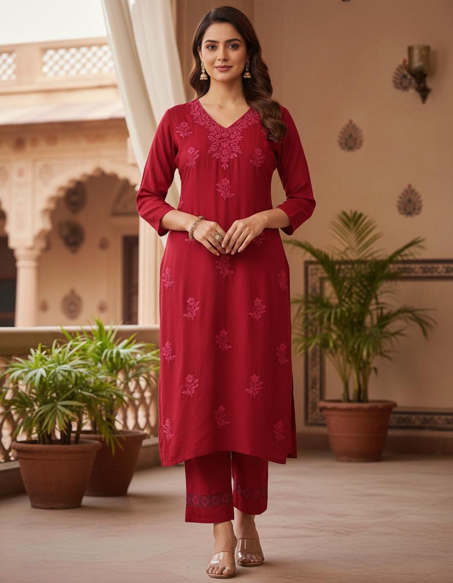 Chikankari Kurta Plazo Set | Crimson Red