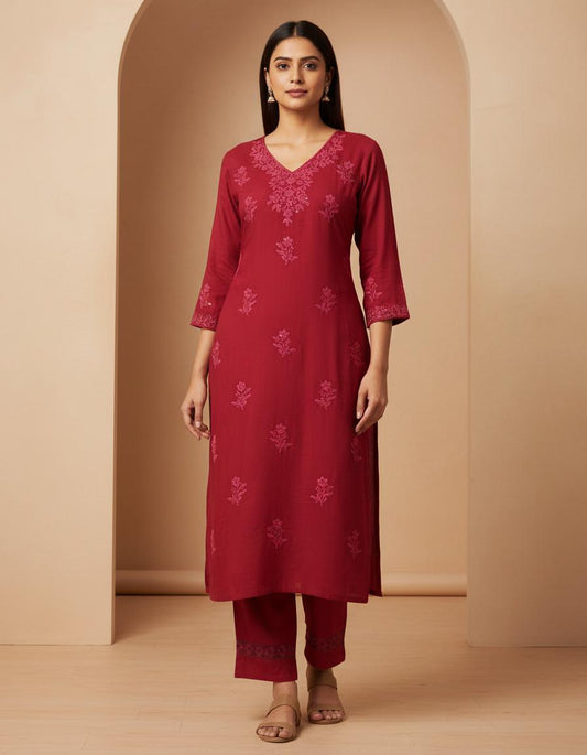 Chikankari Kurta Plazo Set | Crimson Red