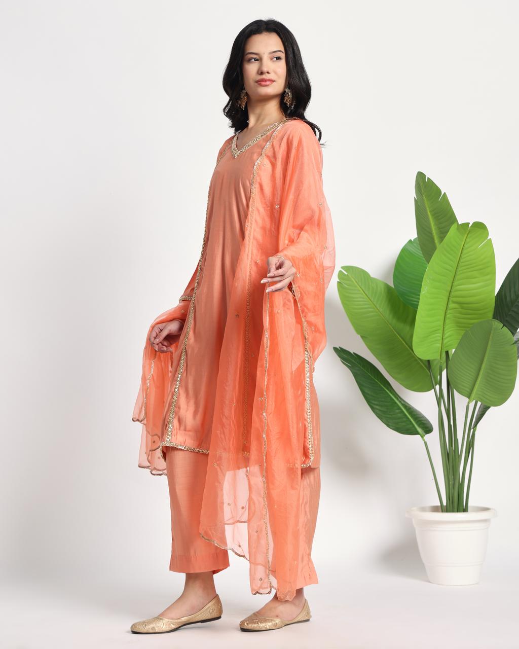 Silk Hand Work Kurta Plazo Set - Side View