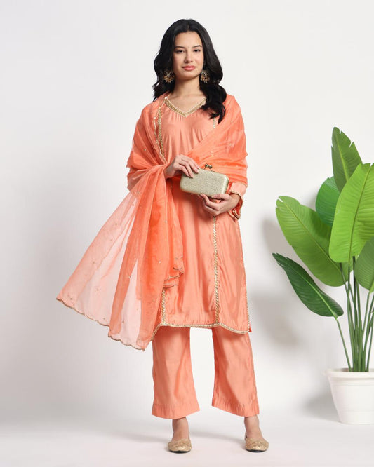 Silk Hand Work Kurta Plazo Set - Front View