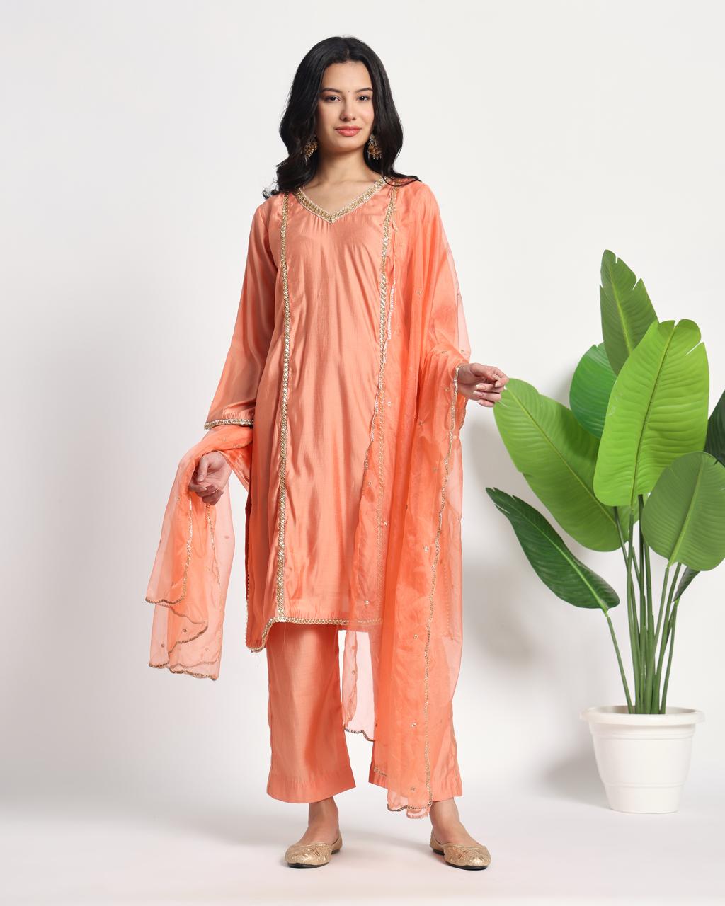 Silk Hand Work Kurta Plazo Set - Full View