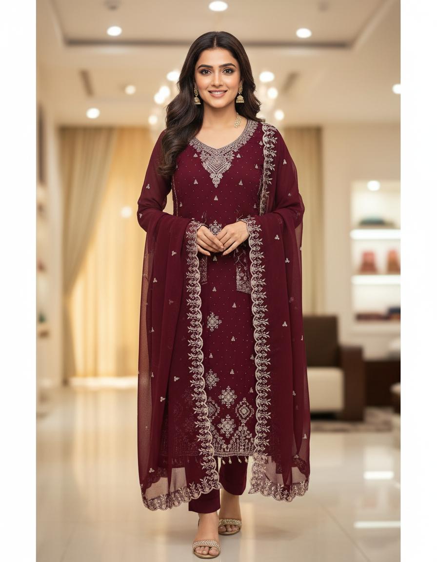 Maroon Chiffon Georgette Plazo Set - Sitting View 2