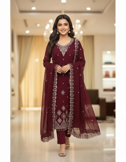 Maroon Chiffon Georgette Plazo Set - Front View Standing