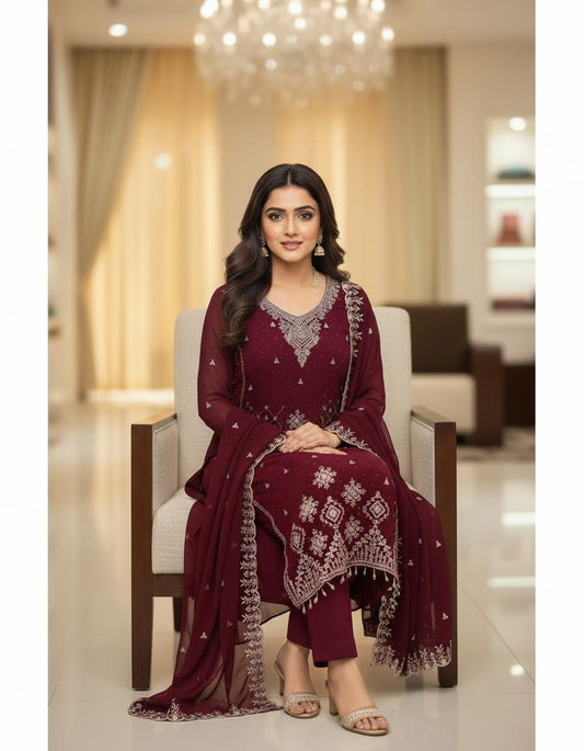 Maroon Chiffon Georgette Plazo Set - Sitting View