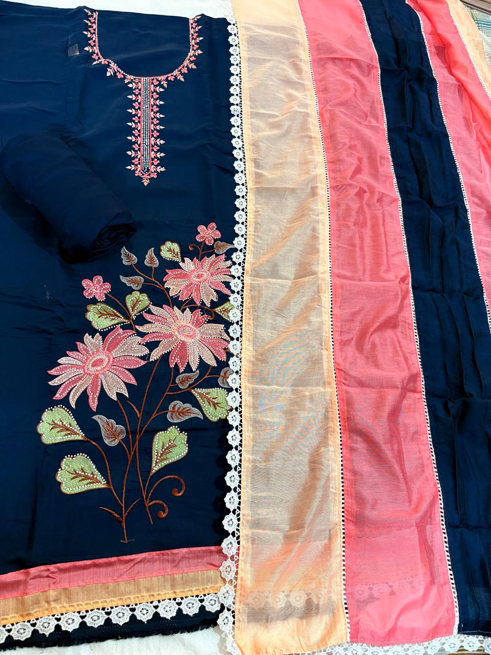 Nevi Blue Silk Cotton Unstitched Suit | Thread Work | Three Shade Mul Cotton Dupatta
