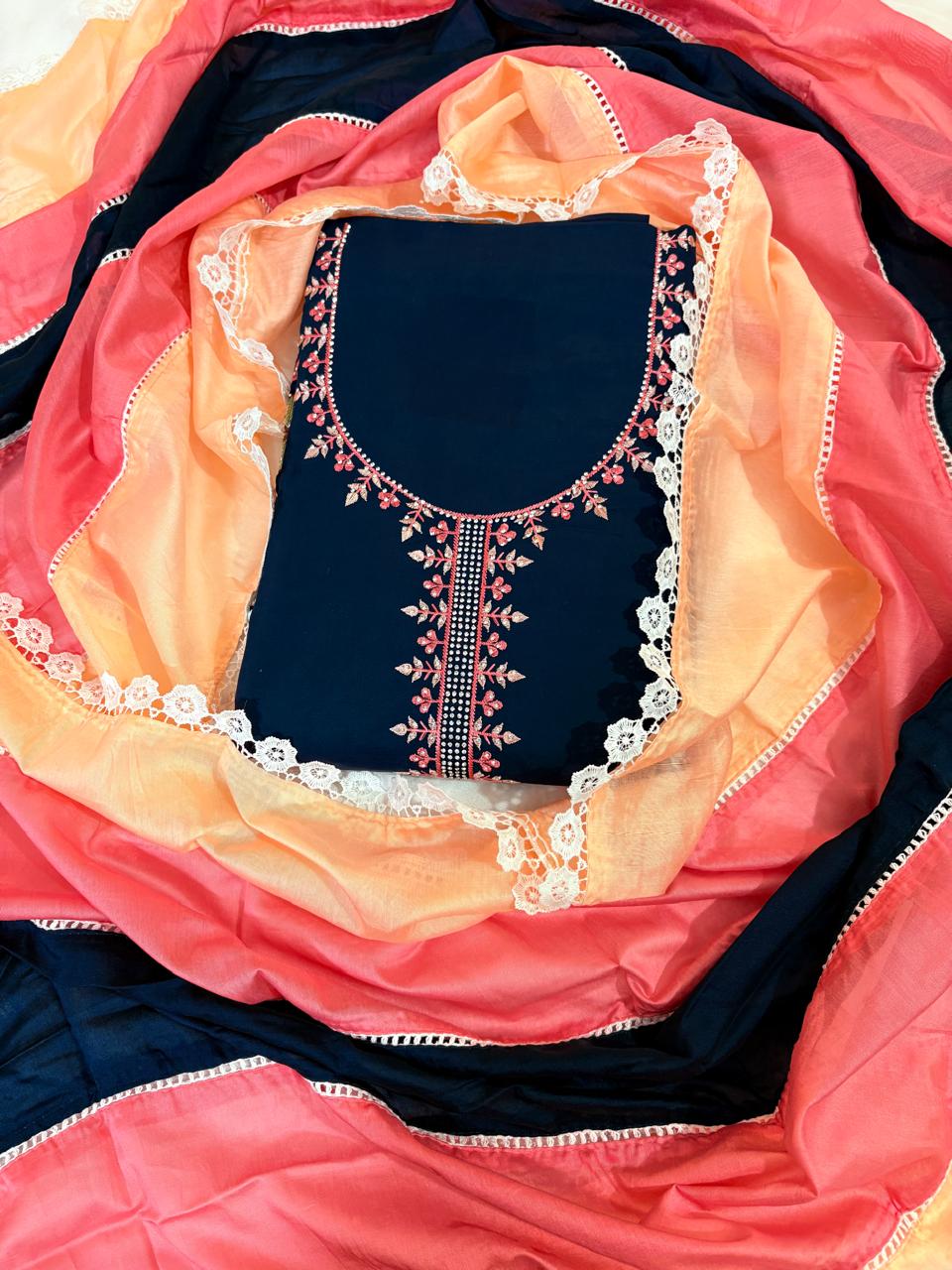 Nevi Blue Silk Cotton Unstitched Suit | Thread Work | Three Shade Mul Cotton Dupatta