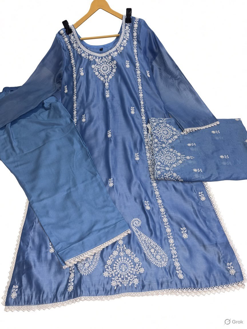 Sky Blue Maheshwari Silk 3 Piece Suit with Thread Work