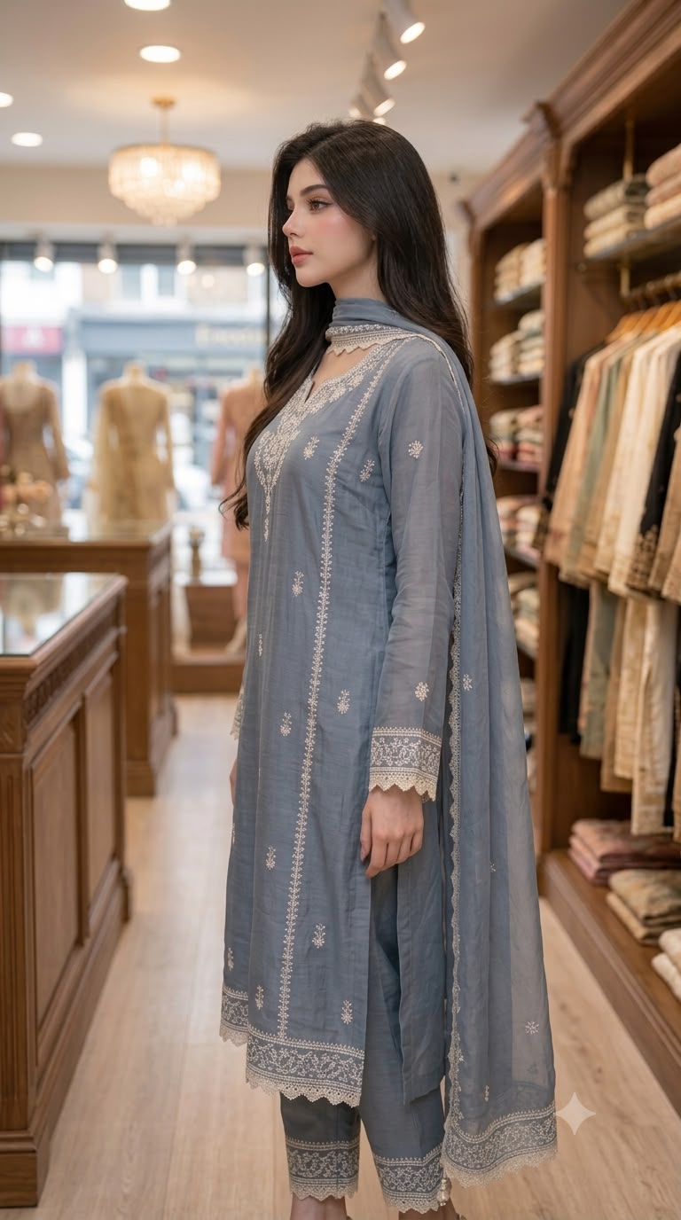 Sky Blue Maheshwari Silk 3 Piece Suit with Thread Work
