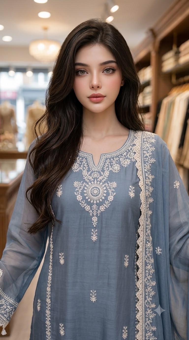 Sky Blue Maheshwari Silk 3 Piece Suit with Thread Work