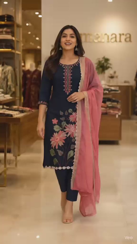 Nevi Blue Silk Cotton Unstitched Suit | Thread Work | Three Shade Mul Cotton Dupatta